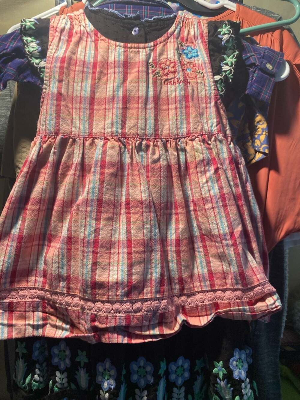 OshKosh B'gosh Girls Size 3T Pink Plaid Floral Embroidered Sleeveless Dress